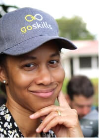 Claudia wearing a goskills hat