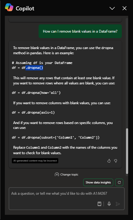 Copilot Excel prompt with Python
