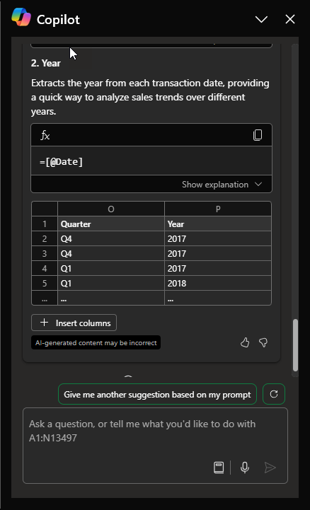 Copilot Excel prompt for Data visualization and insights