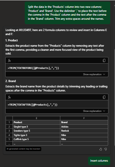 copilot excel prompt Split columns with ease