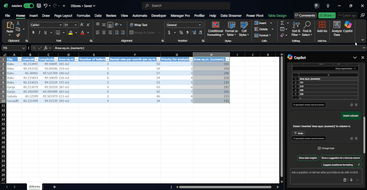 Copilot Excel prompt for Data visualization and insights