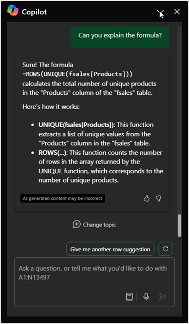 Copilot Excel prompt Generate formulas for unique values