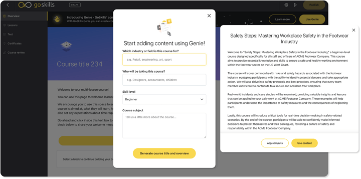 LXP UI example featuring the Ai-powered course authoring tool of GoSkills in action