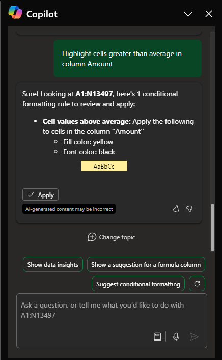 Copilot Excel prompt for Data visualization and insights