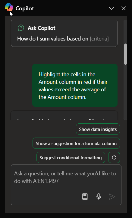 Copilot Excel prompt for Data visualization and insights