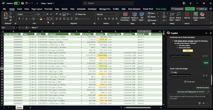 Copilot Excel prompt for Data visualization and insights